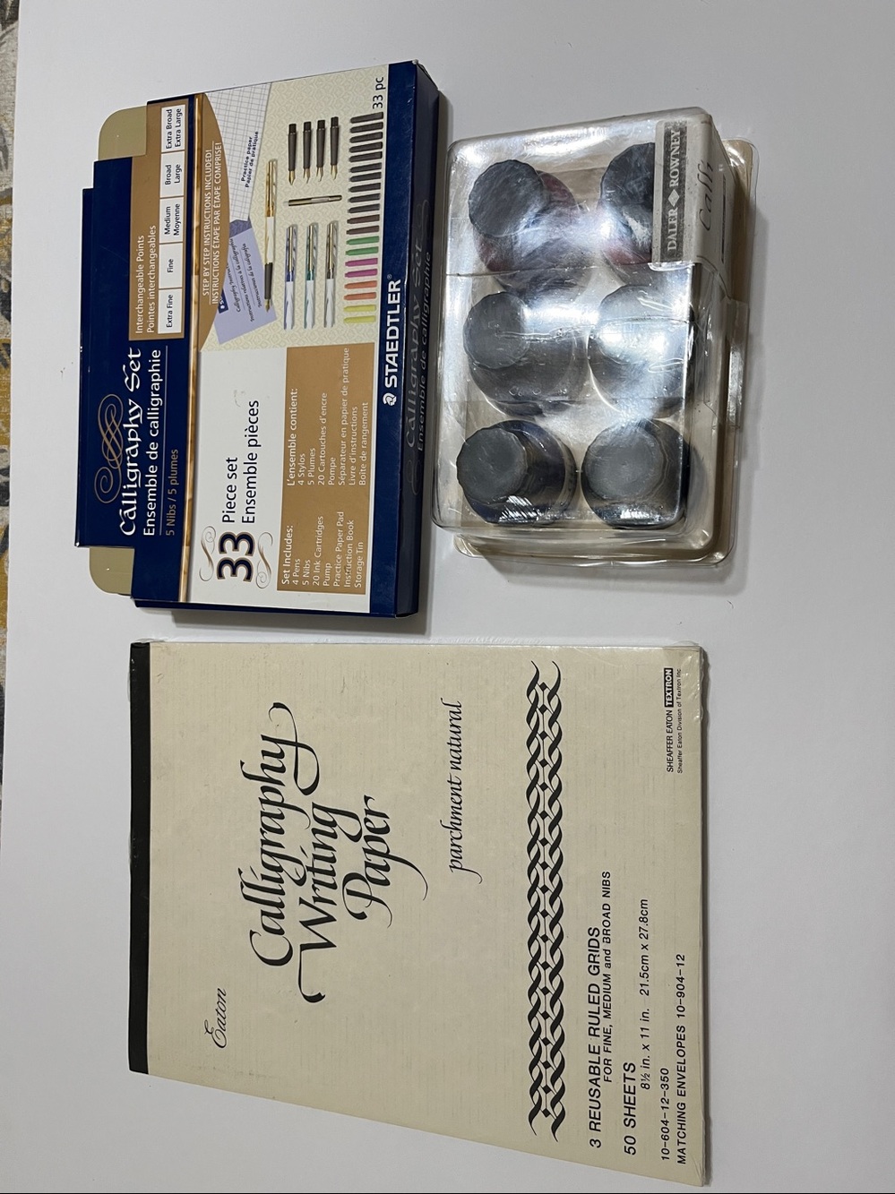 Calligraphy Writing Set with Ink Pots Pens & Nibs Natural parchment paper